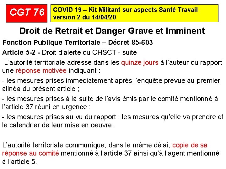 CGT 76 COVID 19 – Kit Militant sur aspects Santé Travail version 2 du