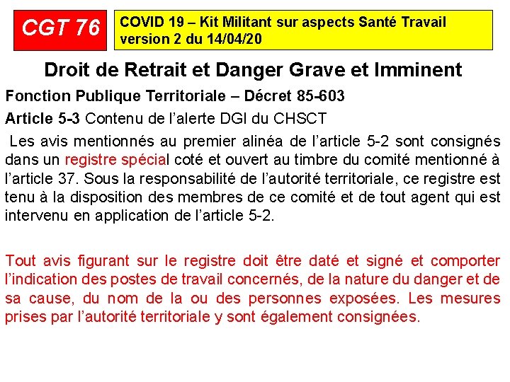 CGT 76 COVID 19 – Kit Militant sur aspects Santé Travail version 2 du