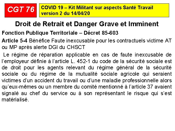 CGT 76 COVID 19 – Kit Militant sur aspects Santé Travail version 2 du