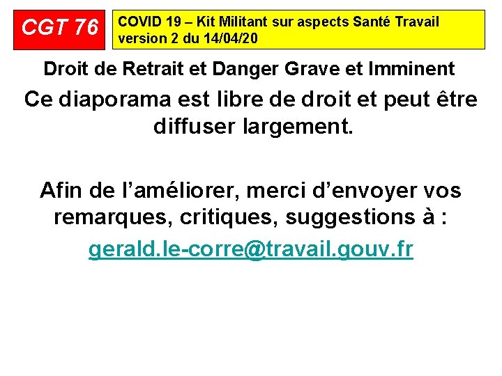 CGT 76 COVID 19 – Kit Militant sur aspects Santé Travail version 2 du