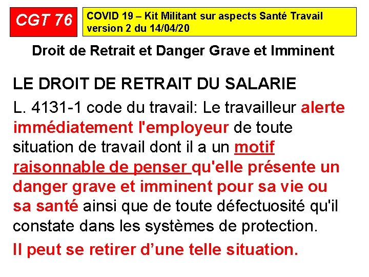 CGT 76 COVID 19 – Kit Militant sur aspects Santé Travail version 2 du