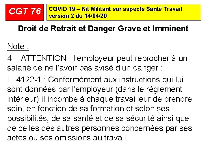 CGT 76 COVID 19 – Kit Militant sur aspects Santé Travail version 2 du