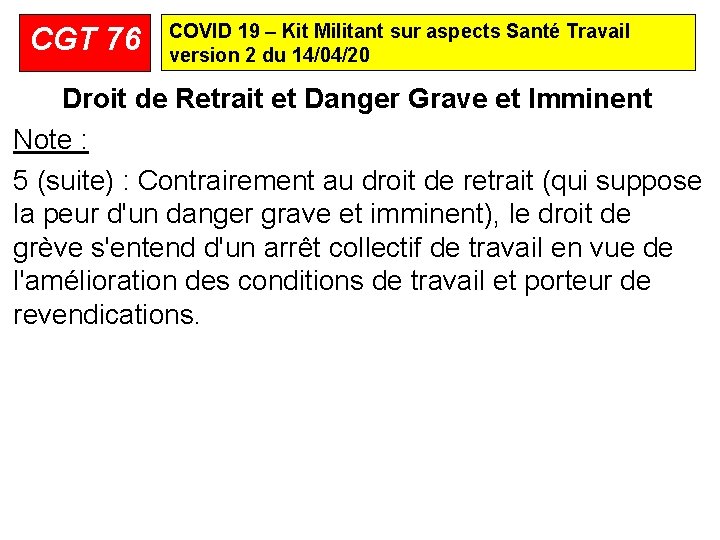 CGT 76 COVID 19 – Kit Militant sur aspects Santé Travail version 2 du