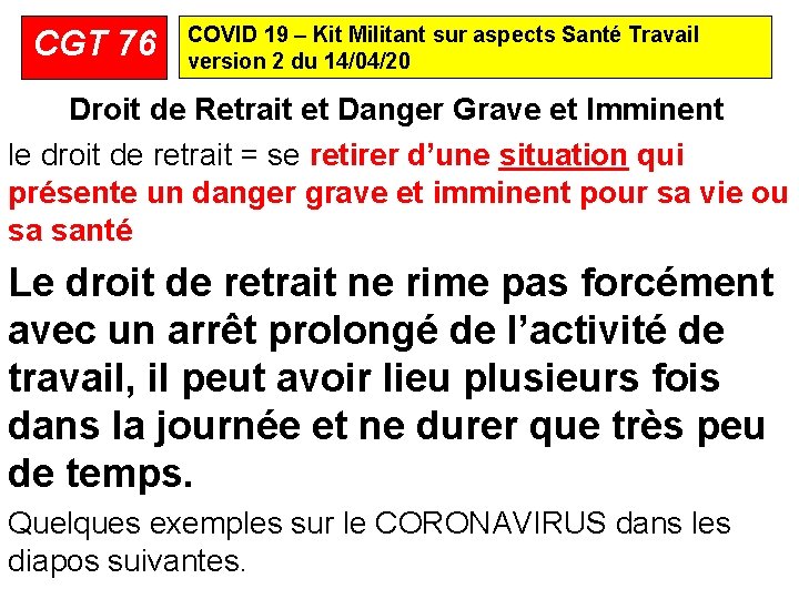 CGT 76 COVID 19 – Kit Militant sur aspects Santé Travail version 2 du