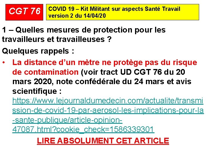 CGT 76 COVID 19 – Kit Militant sur aspects Santé Travail version 2 du