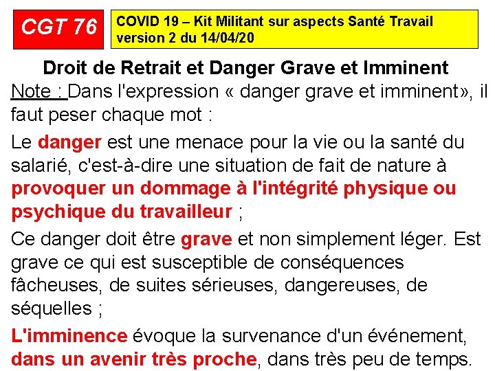 CGT 76 COVID 19 – Kit Militant sur aspects Santé Travail version 2 du