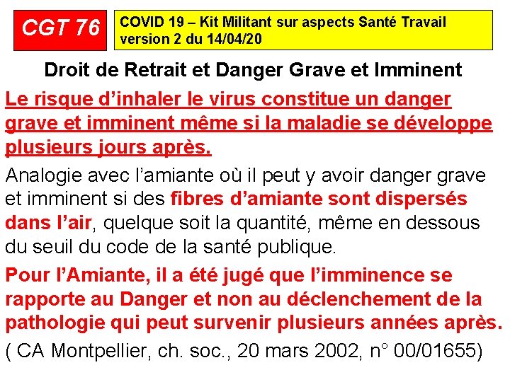 CGT 76 COVID 19 – Kit Militant sur aspects Santé Travail version 2 du