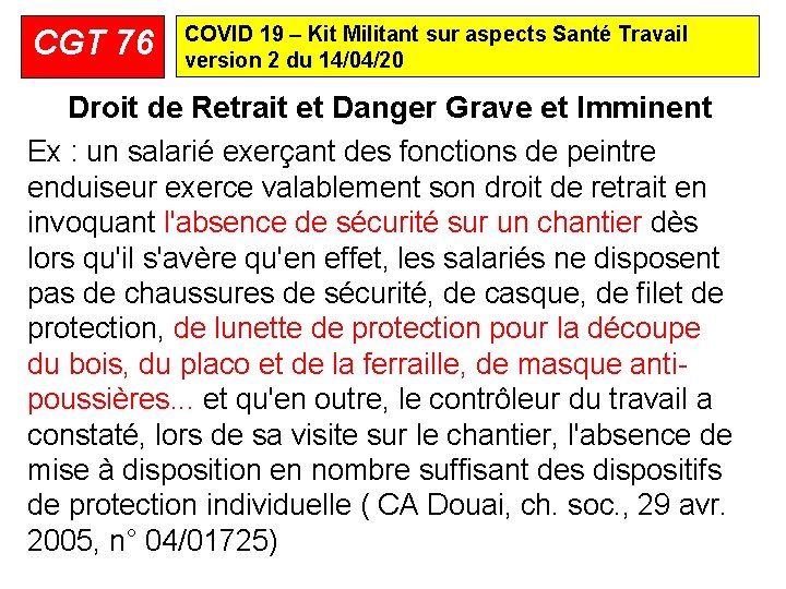 CGT 76 COVID 19 – Kit Militant sur aspects Santé Travail version 2 du