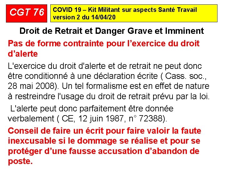 CGT 76 COVID 19 – Kit Militant sur aspects Santé Travail version 2 du