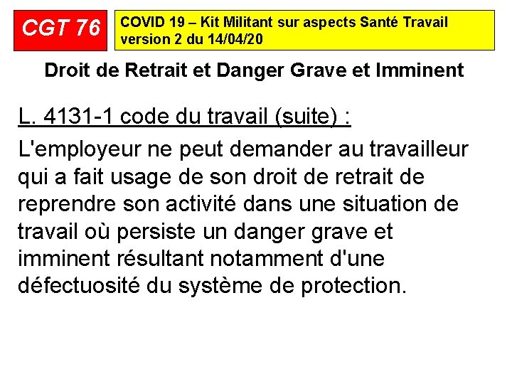 CGT 76 COVID 19 – Kit Militant sur aspects Santé Travail version 2 du