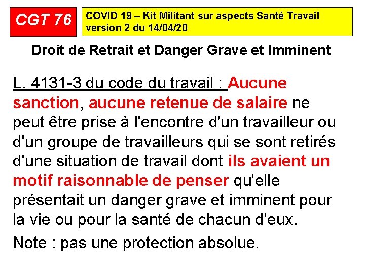 CGT 76 COVID 19 – Kit Militant sur aspects Santé Travail version 2 du