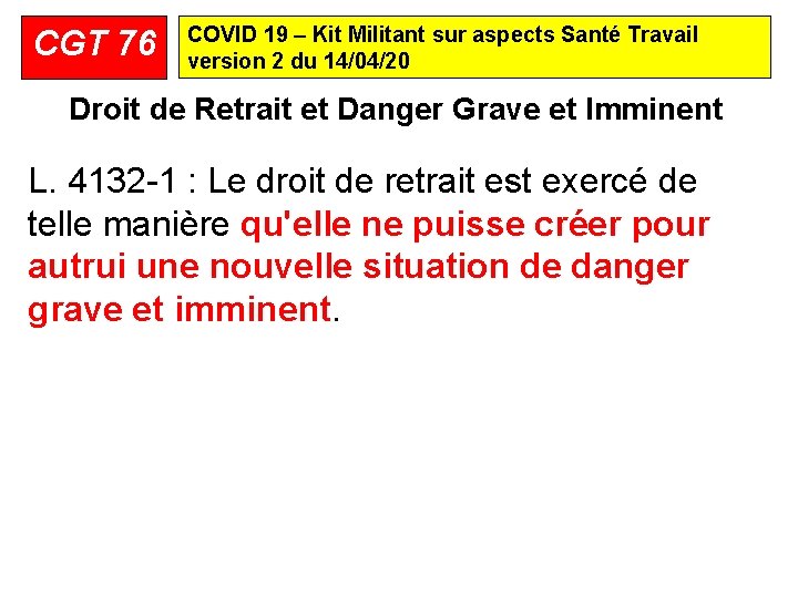 CGT 76 COVID 19 – Kit Militant sur aspects Santé Travail version 2 du