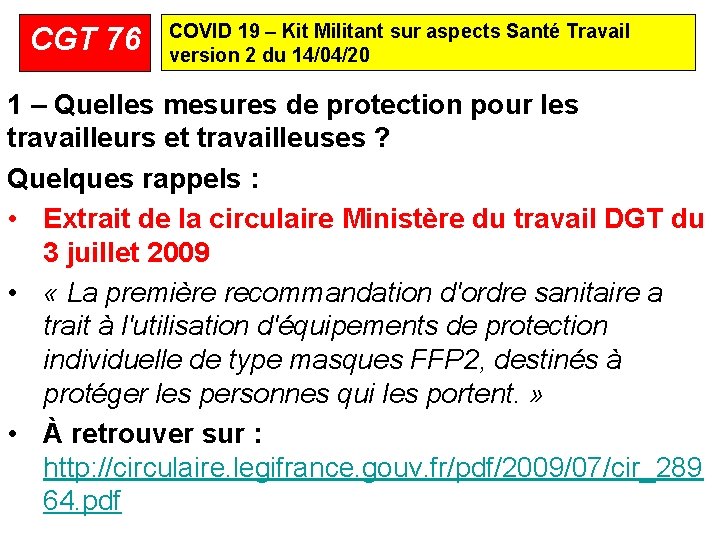 CGT 76 COVID 19 – Kit Militant sur aspects Santé Travail version 2 du