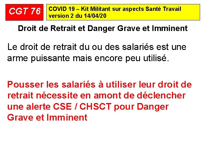 CGT 76 COVID 19 – Kit Militant sur aspects Santé Travail version 2 du