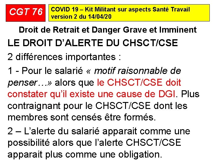 CGT 76 COVID 19 – Kit Militant sur aspects Santé Travail version 2 du