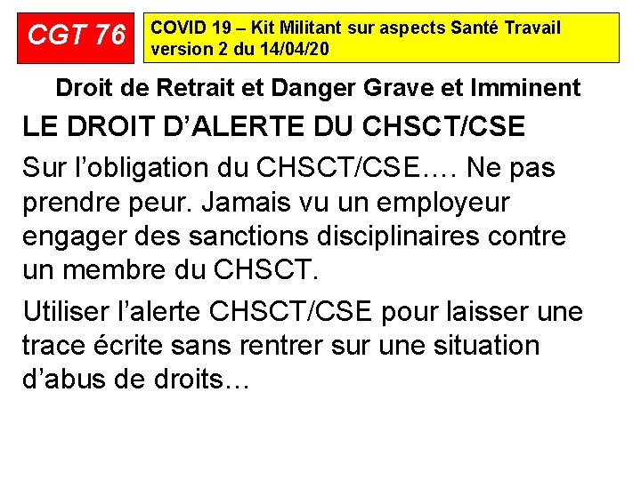 CGT 76 COVID 19 – Kit Militant sur aspects Santé Travail version 2 du