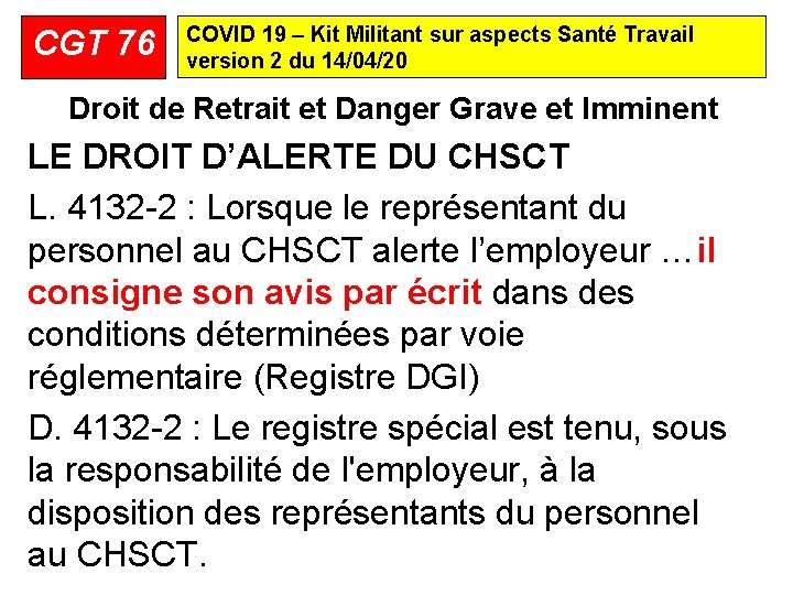 CGT 76 COVID 19 – Kit Militant sur aspects Santé Travail version 2 du