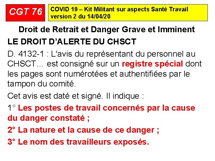 CGT 76 COVID 19 – Kit Militant sur aspects Santé Travail version 2 du