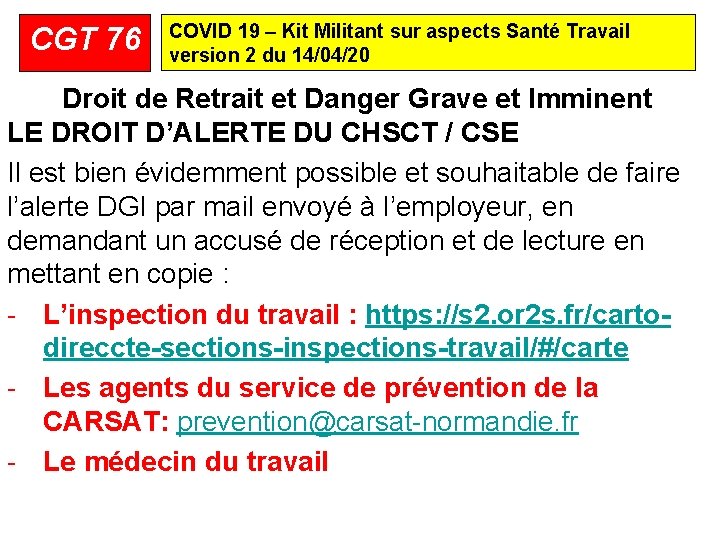 CGT 76 COVID 19 – Kit Militant sur aspects Santé Travail version 2 du