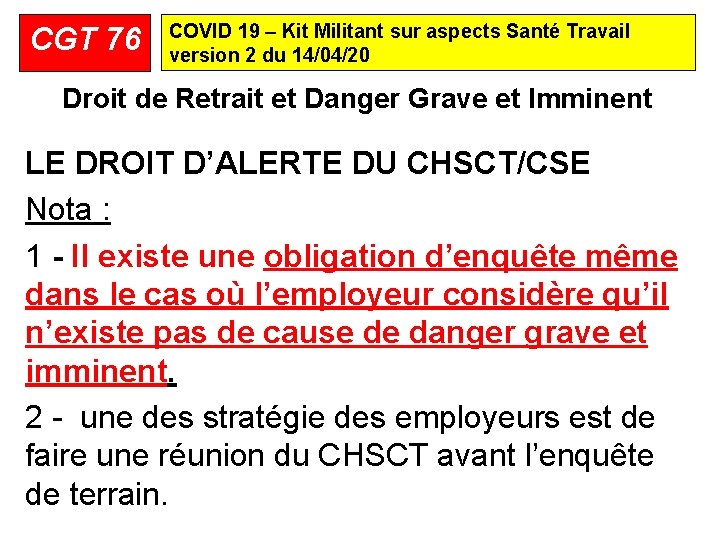 CGT 76 COVID 19 – Kit Militant sur aspects Santé Travail version 2 du