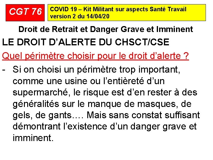 CGT 76 COVID 19 – Kit Militant sur aspects Santé Travail version 2 du