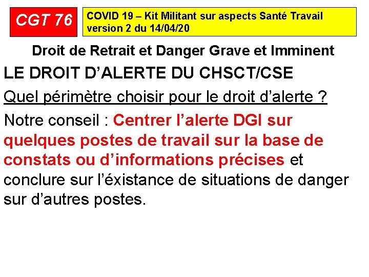 CGT 76 COVID 19 – Kit Militant sur aspects Santé Travail version 2 du