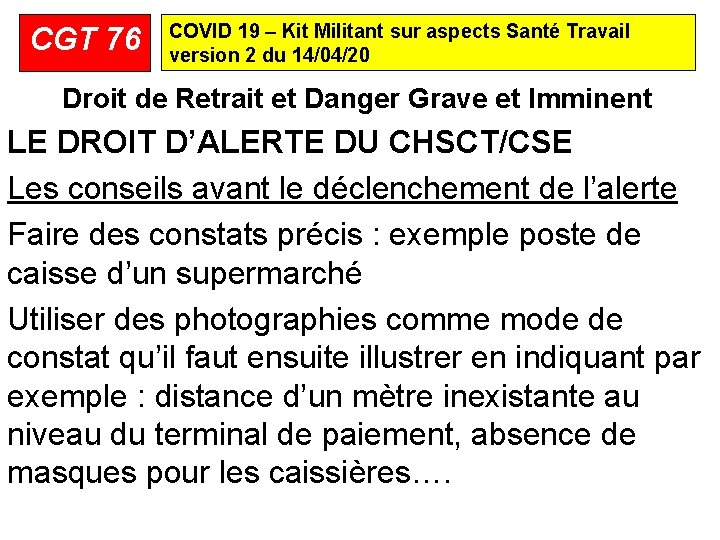 CGT 76 COVID 19 – Kit Militant sur aspects Santé Travail version 2 du