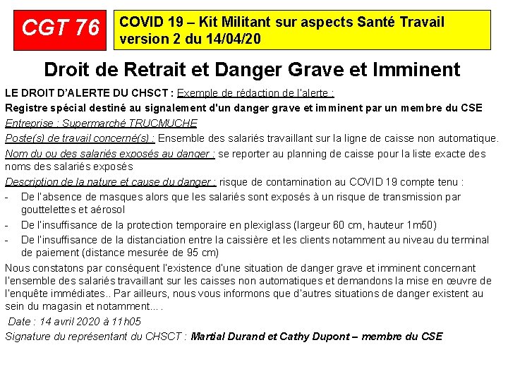 CGT 76 COVID 19 – Kit Militant sur aspects Santé Travail version 2 du