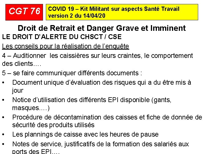 CGT 76 COVID 19 – Kit Militant sur aspects Santé Travail version 2 du