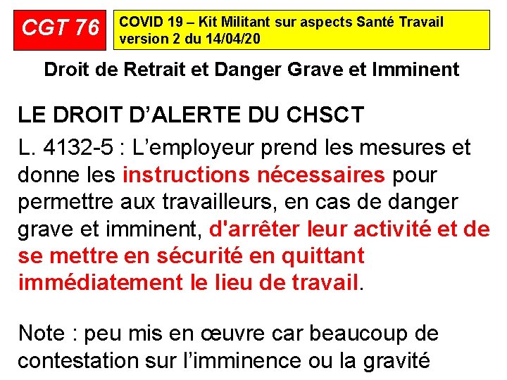 CGT 76 COVID 19 – Kit Militant sur aspects Santé Travail version 2 du