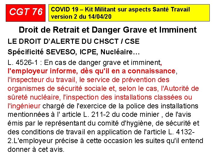 CGT 76 COVID 19 – Kit Militant sur aspects Santé Travail version 2 du