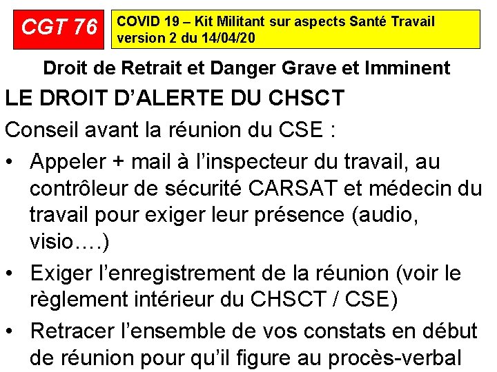 CGT 76 COVID 19 – Kit Militant sur aspects Santé Travail version 2 du