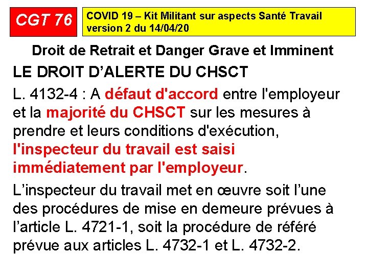 CGT 76 COVID 19 – Kit Militant sur aspects Santé Travail version 2 du