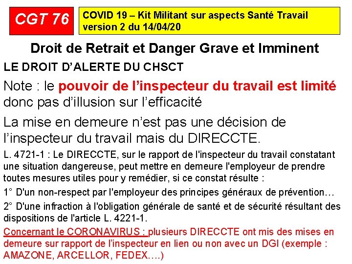 CGT 76 COVID 19 – Kit Militant sur aspects Santé Travail version 2 du