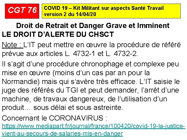 CGT 76 COVID 19 – Kit Militant sur aspects Santé Travail version 2 du