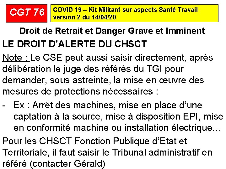 CGT 76 COVID 19 – Kit Militant sur aspects Santé Travail version 2 du