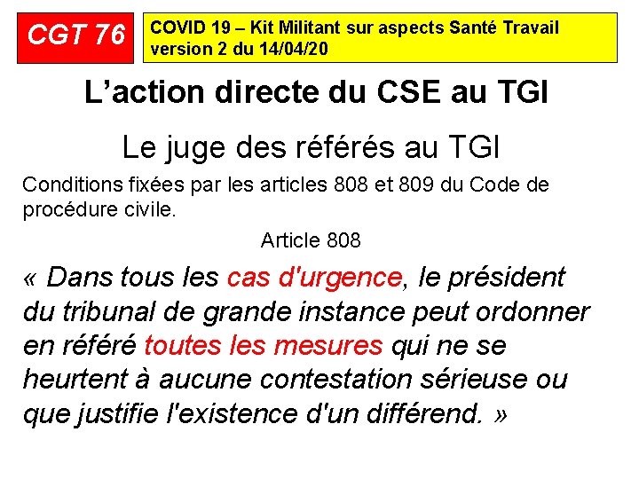 CGT 76 COVID 19 – Kit Militant sur aspects Santé Travail version 2 du