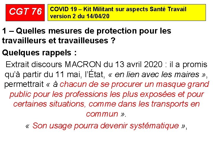 CGT 76 COVID 19 – Kit Militant sur aspects Santé Travail version 2 du