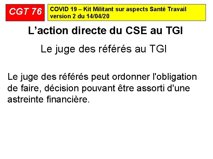 CGT 76 COVID 19 – Kit Militant sur aspects Santé Travail version 2 du