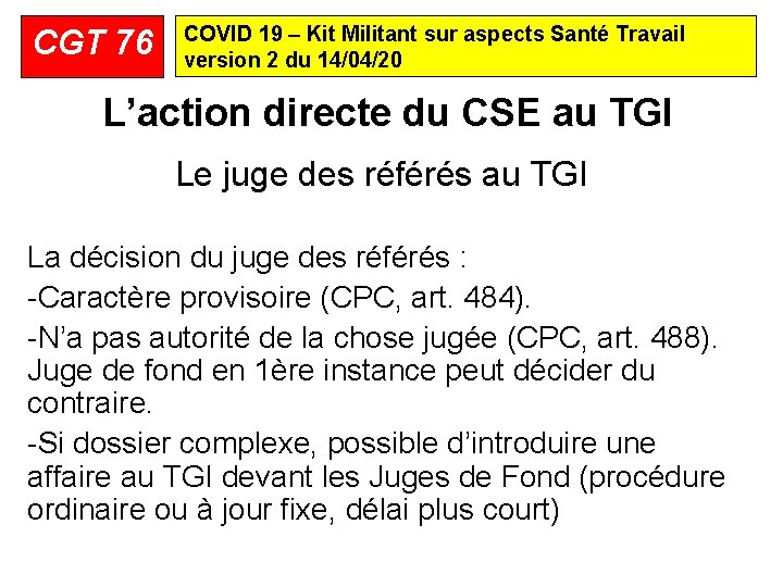 CGT 76 COVID 19 – Kit Militant sur aspects Santé Travail version 2 du