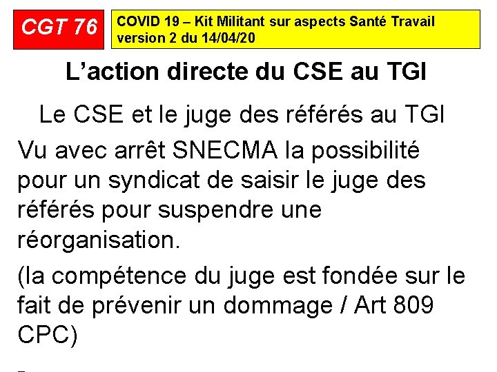 CGT 76 COVID 19 – Kit Militant sur aspects Santé Travail version 2 du