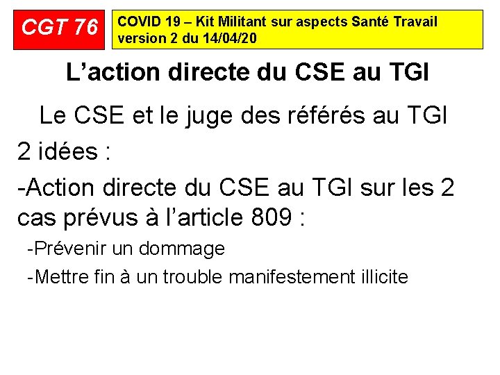 CGT 76 COVID 19 – Kit Militant sur aspects Santé Travail version 2 du