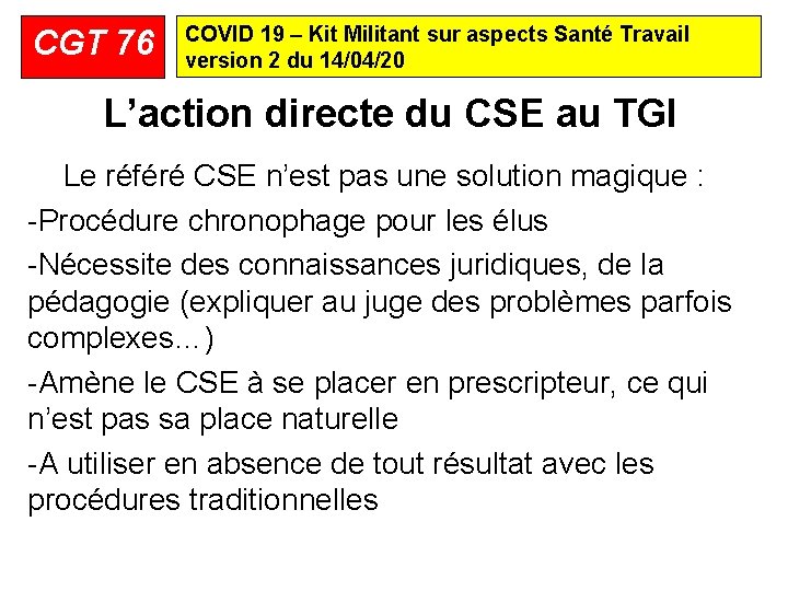 CGT 76 COVID 19 – Kit Militant sur aspects Santé Travail version 2 du