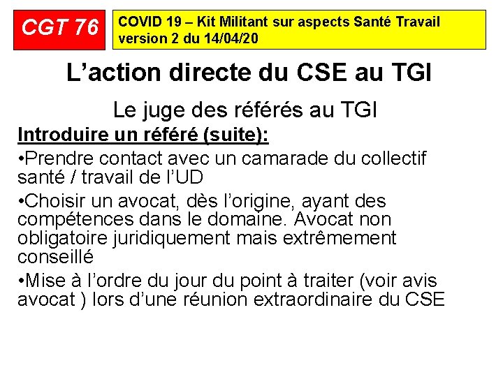 CGT 76 COVID 19 – Kit Militant sur aspects Santé Travail version 2 du