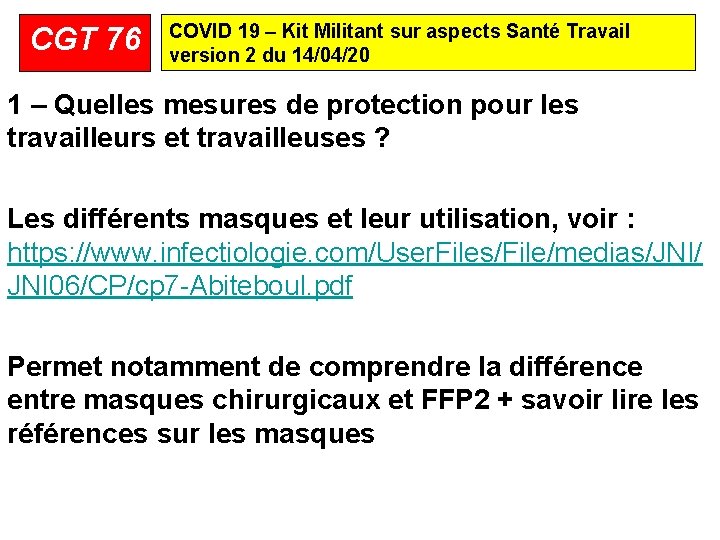 CGT 76 COVID 19 – Kit Militant sur aspects Santé Travail version 2 du