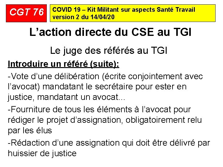 CGT 76 COVID 19 – Kit Militant sur aspects Santé Travail version 2 du