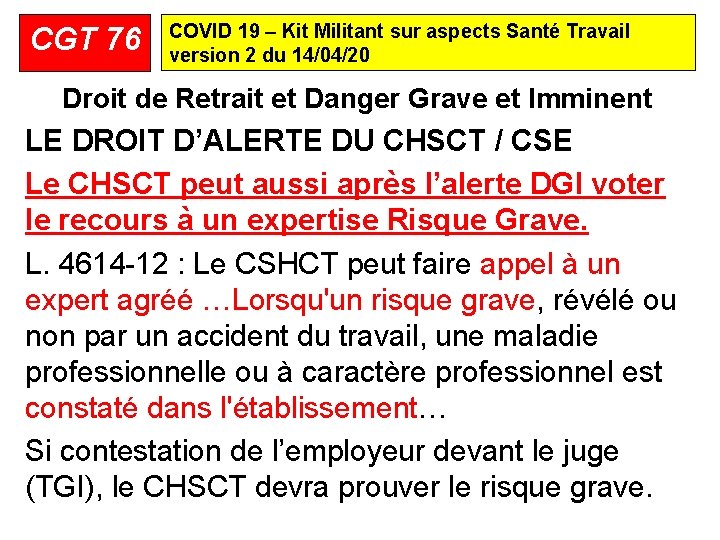 CGT 76 COVID 19 – Kit Militant sur aspects Santé Travail version 2 du