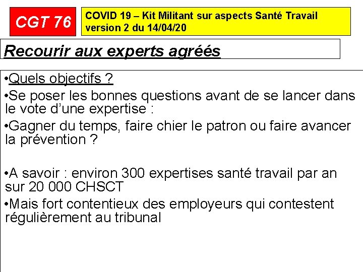 CGT 76 COVID 19 – Kit Militant sur aspects Santé Travail version 2 du