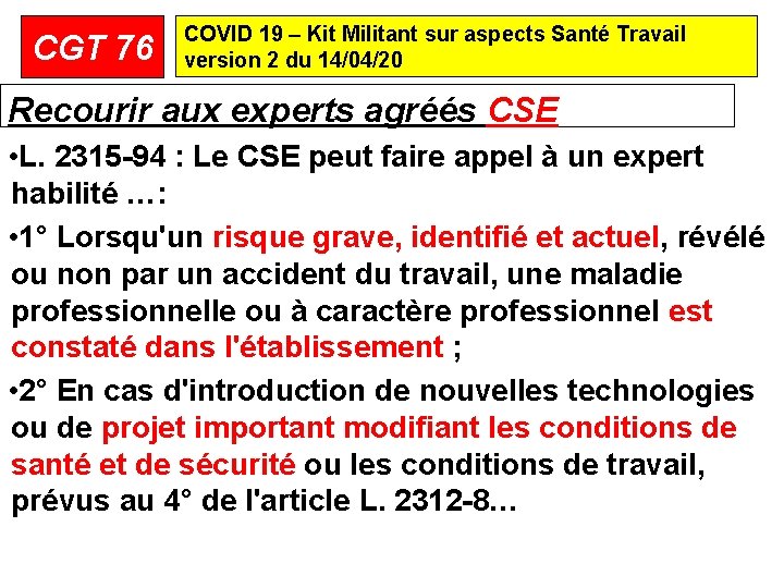 CGT 76 COVID 19 – Kit Militant sur aspects Santé Travail version 2 du