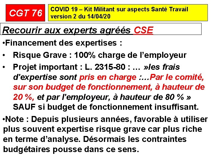 CGT 76 COVID 19 – Kit Militant sur aspects Santé Travail version 2 du